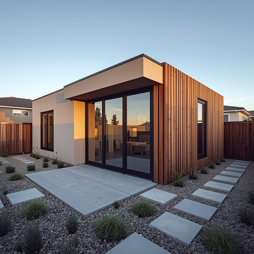 Modern detached ADU with wood and stucco exterior